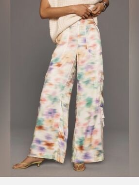 By Anthropologie Palazzo Utility Pants Cargo Pockets Tye Dye Green 10